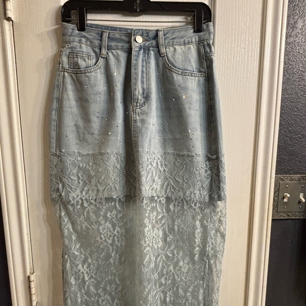 Women's Light Blue Denim and Lace Skirt